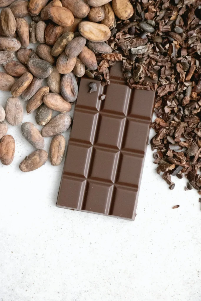 Tablette de chocolat à côté de noisettes et de fèves