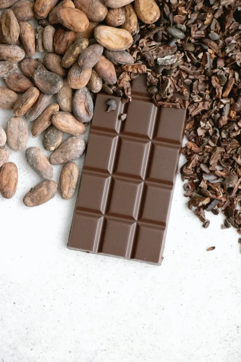 Tablette de chocolat à côté de noisettes et de fèves
